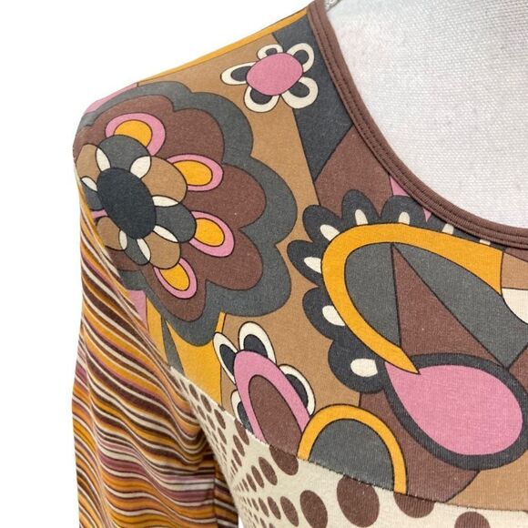 Lapis multi print bell sleeve cotton top beaded in cream/ browns/mauve sz small - Picture 3 of 11